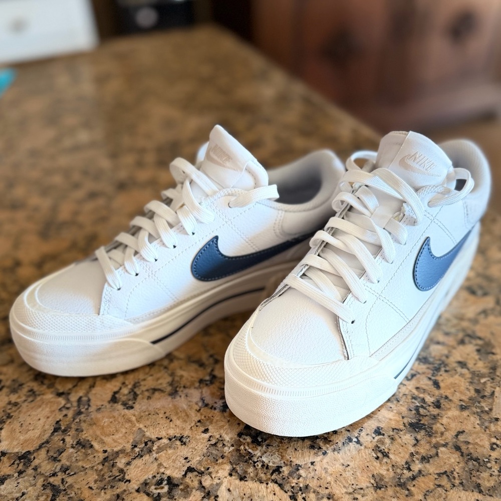 Nike White Sneakers with Blue Swoosh Platform - Picture 7 of 15